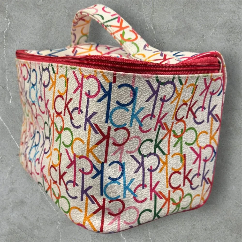 Calvin Klein Rainbow Multi Color Monogram Makeup Bag Tote With Handle Red Zipper